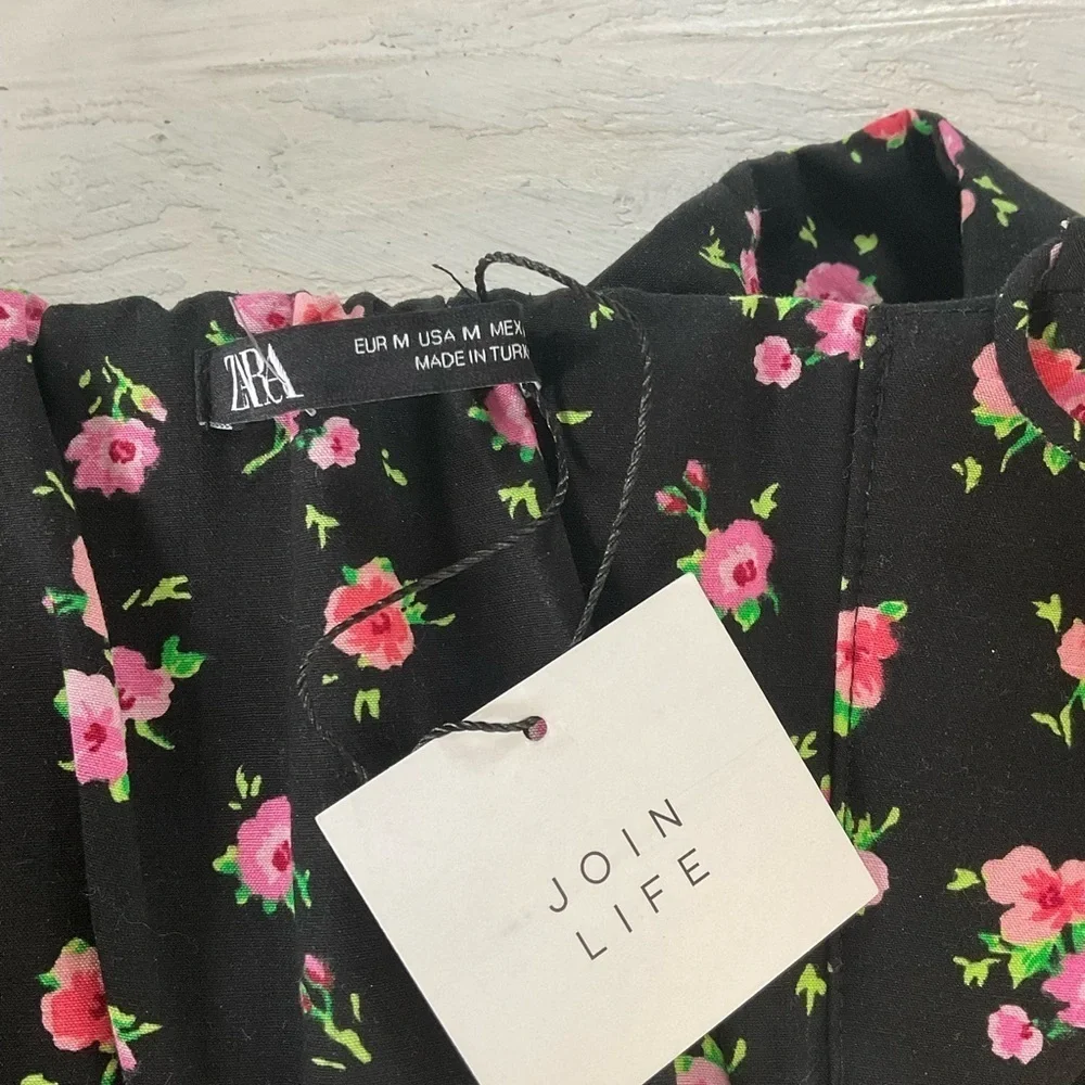 Zara Top Floral Crop‎ Bustier Black Pink Roses Viscose Corset Womens Size M NWT - Picture 6 of 10